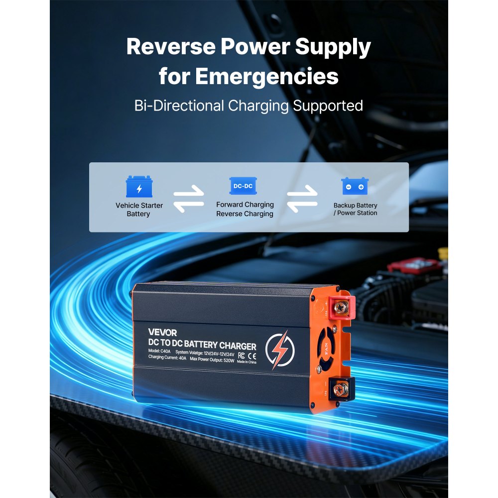 VEVOR DC to DC Battery Charger, 520W, 40A Alternator Charger, Fast DC-DC Charging for Portable Power Stations, Compatible with LiFePO4 Lead-Acid AGM GEL Batteries, 12V/24V-12V/24V, for RV Home Backup