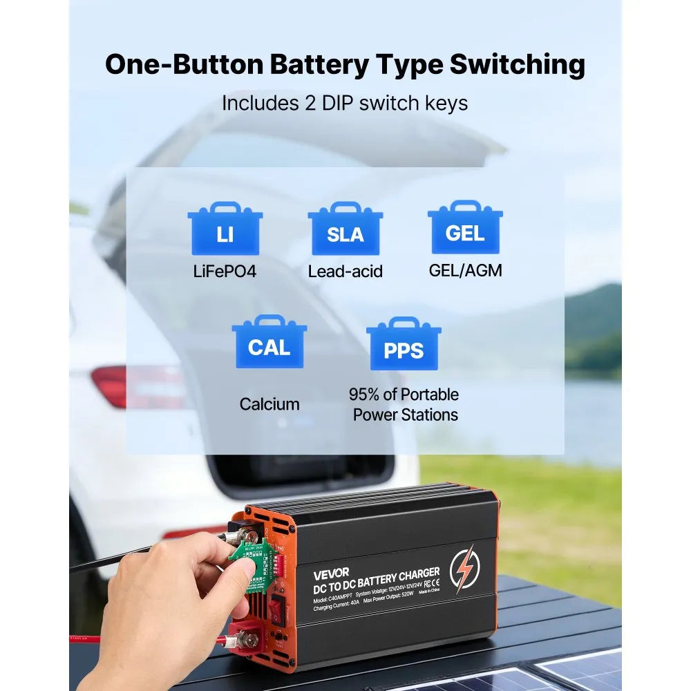 VEVOR DC to DC Charger with MPPT, 520W, 40A On-Board Battery Charger, Solar Panel/Alternator Dual Input, Smart Multi-Stage Charging for LiFePO4 Lead-Acid Batteries, 12V/24V-12V/24V, for RV Home Backup