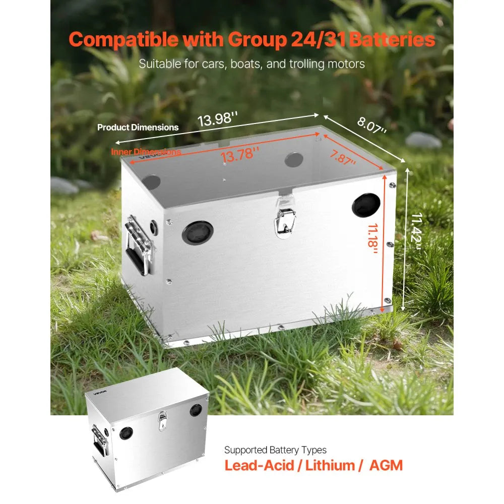 VEVOR Battery Box, Group 24/31 Trolling Motor Battery Box, Marine Batteries Case with Lock, Handles and Rubber-Grommet Cable Holes, Stainless Steel Shell, Suitable for Cars, Boats & Trolling Motors