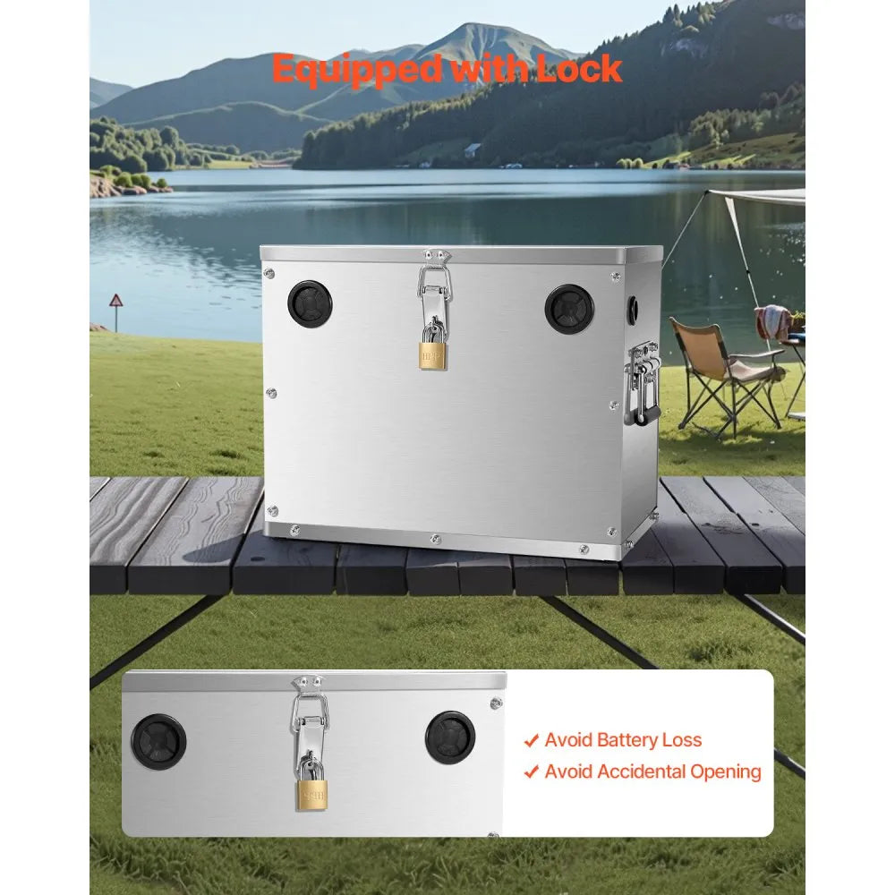 VEVOR Battery Box, Group 24/31 Trolling Motor Battery Box, Marine Batteries Case with Lock, Handles and Rubber-Grommet Cable Holes, Stainless Steel Shell, Suitable for Cars, Boats & Trolling Motors