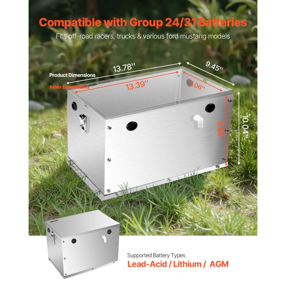 VEVOR Battery Box, Group 24/31 Trolling Motor Battery Box, Marine Batteries Case with Rubber-Grommet Cable Holes, Aluminum Alloy Shell Storage Case, Easy Installation, for Off-Road Racers, Trucks