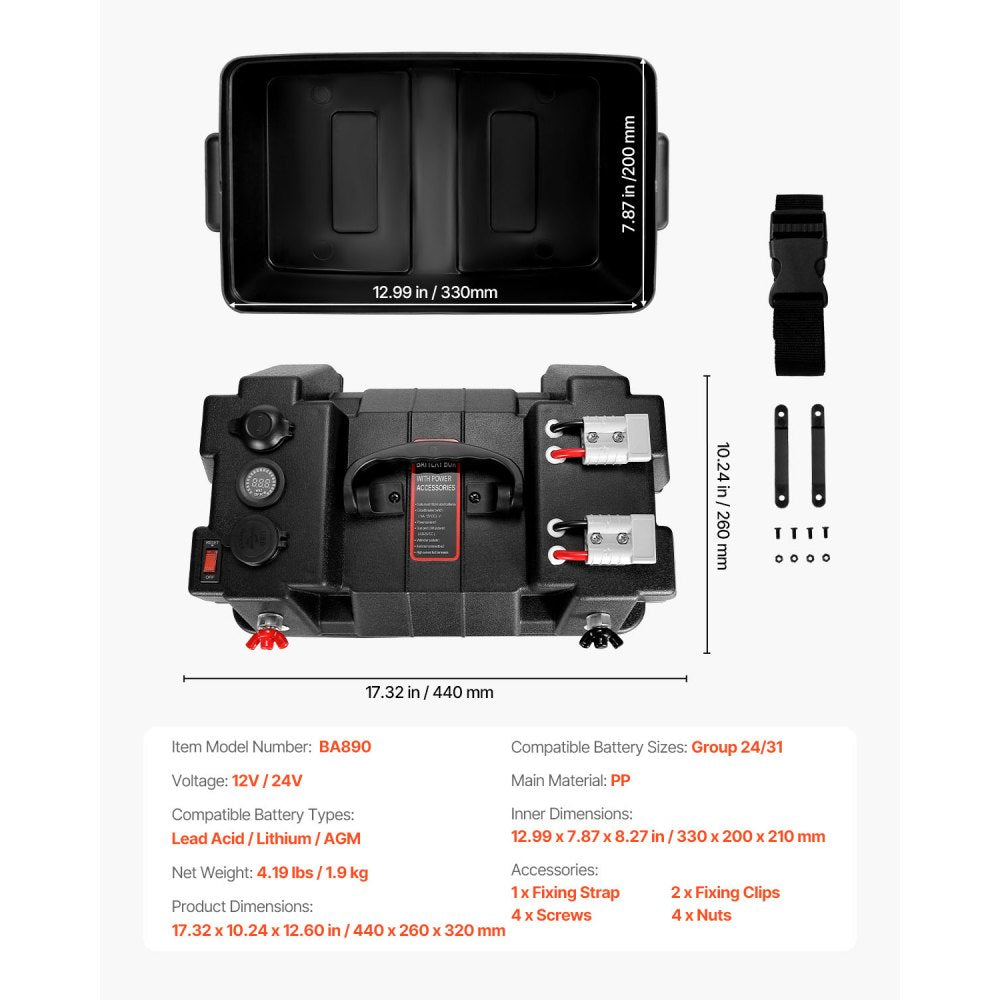 VEVOR Battery Box, Group 24/31 Trolling Motor Battery Box, 12V/24V Marine Batteries Case with PP Shell and Dual Straps, Smart Batteries Case, Suitable for Trolling Motor, Marine,RV & Solar Panel