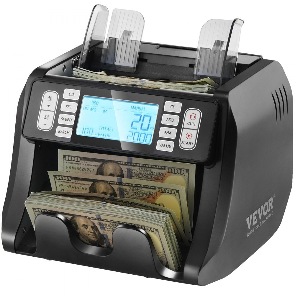 VEVOR Money Counter Machine, Bill Counter with UV, MG, IR and DD Counterfeit Detection, USD & EUR Cash Counting Machine with Add and Batch Modes, Large LCD & External Display