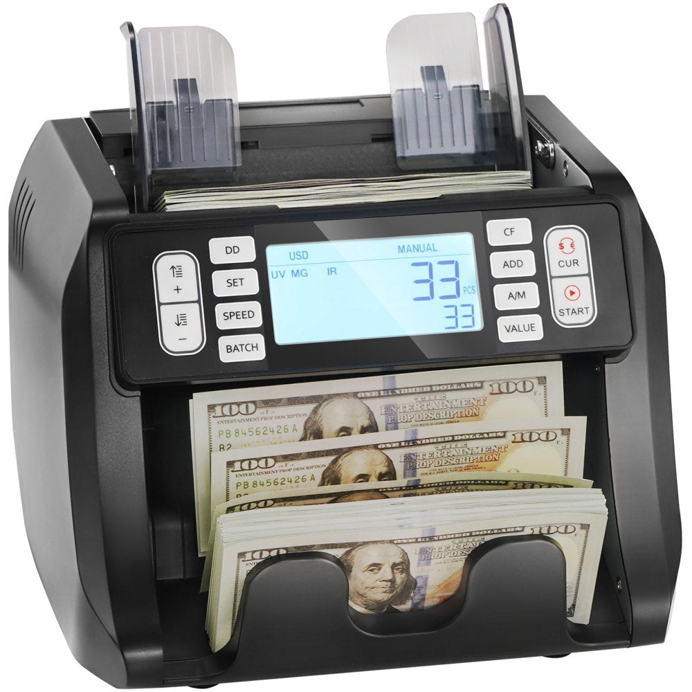 VEVOR Money Counter Machine, Bill Counter with UV, MG, IR and DD Counterfeit Detection, USD & EUR Cash Counting Machine with Add and Batch Modes, Large LCD & External Display
