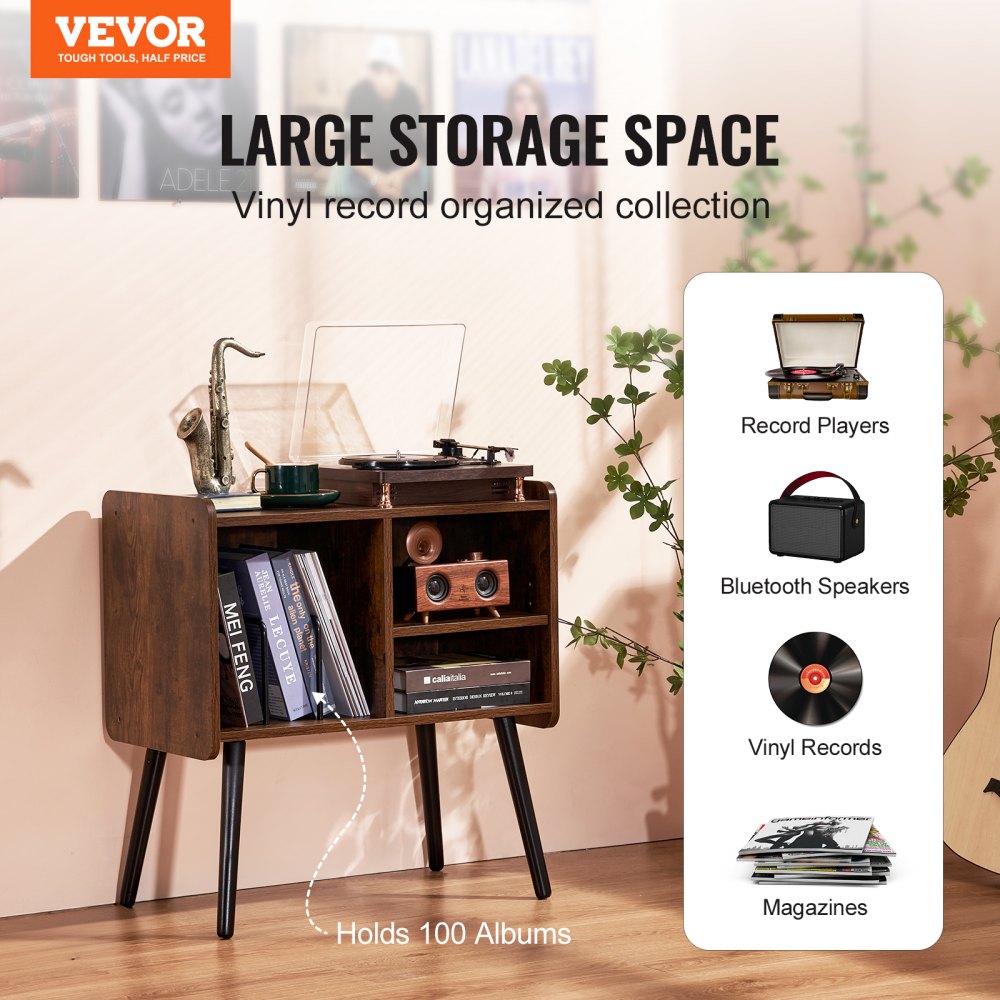 VEVOR Record Player Stand, Turntable Stand Holds Up to 100 Albums, Vintage Vinyl Record Cabinet with Removable Shelves, Record Player Table with Adjustable Height for Living Room, Bedroom, Brown