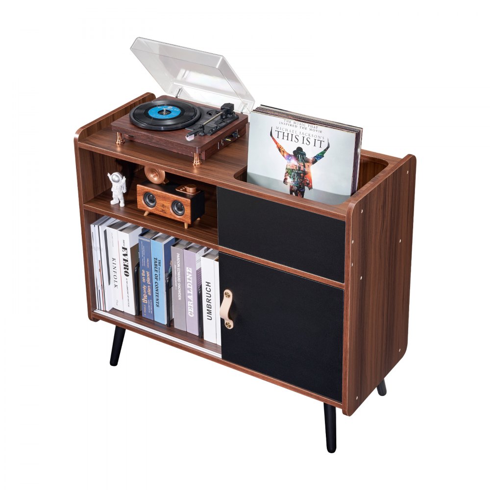 VEVOR Record Player Stand with Power Outlet, Turntable Stand Holds Up to 350 Albums, Record Player Table with Vintage Vinyl Record Storage for Living Room, Bedroom, Brown
