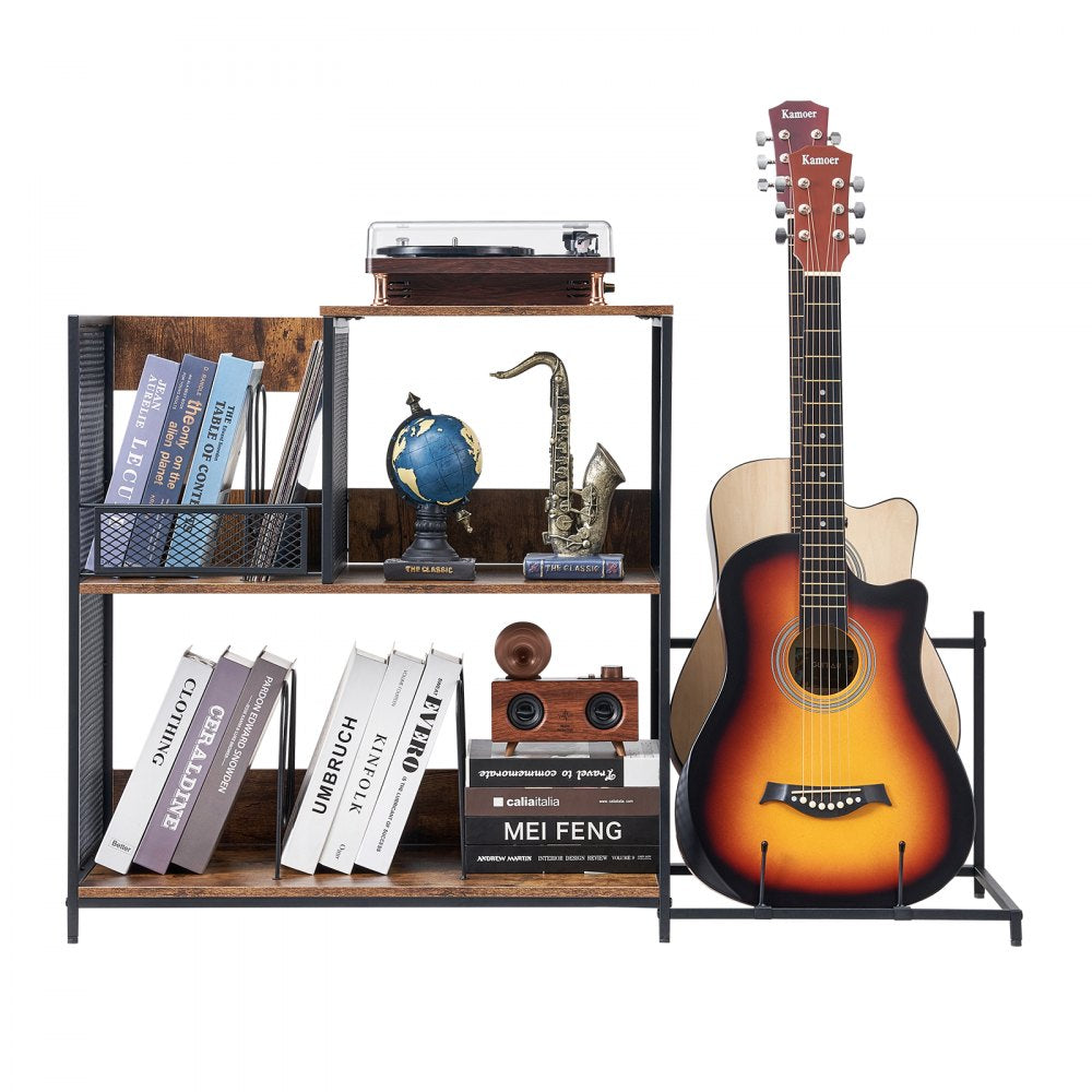 VEVOR 3-Tier Record Player Stand with Guitar Holder, Turntable Stand with Storage Holds Up to 300 Albums, Vinyl Record Cabinet with Metal Mesh Frame for Living Room, Bedroom, Black