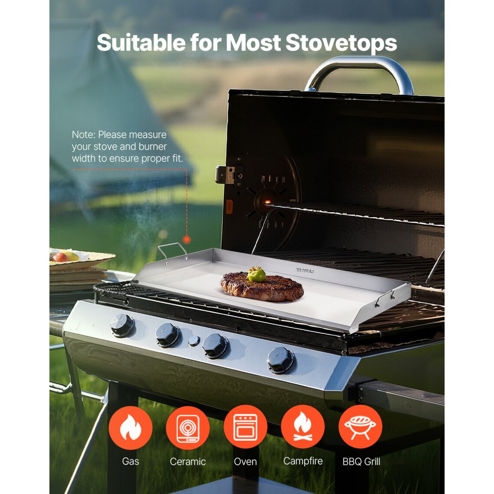 VEVOR Stainless Steel Griddle, 36x22 inch Universal Flat Top Rectangular Plate, Gas Grill Griddle for BBQ Grill, Teppanyaki, Portable Family Cookware with Handle, for Camping Tailgating Party