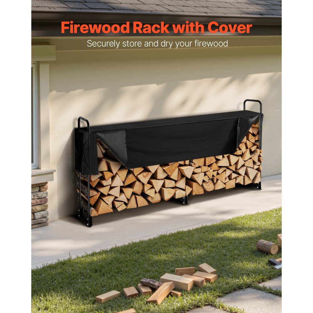 VEVOR Firewood Rack with Waterproof Cover, 101 x 14 x 46 in Outdoor Firewood Holder, 660lb Weight Capacity, 1/2 Cord Log Holder, Half-Covered, Powder-coated Wood Storage Rack for Fireplace Deck