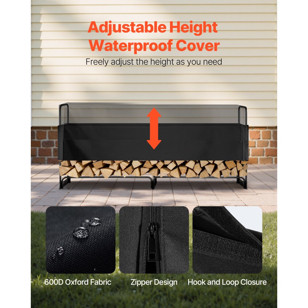 VEVOR Firewood Rack with Waterproof Cover, 101 x 14 x 46 in Outdoor Firewood Holder, 660lb Weight Capacity, 1/2 Cord Log Holder, Half-Covered, Powder-coated Wood Storage Rack for Fireplace Deck