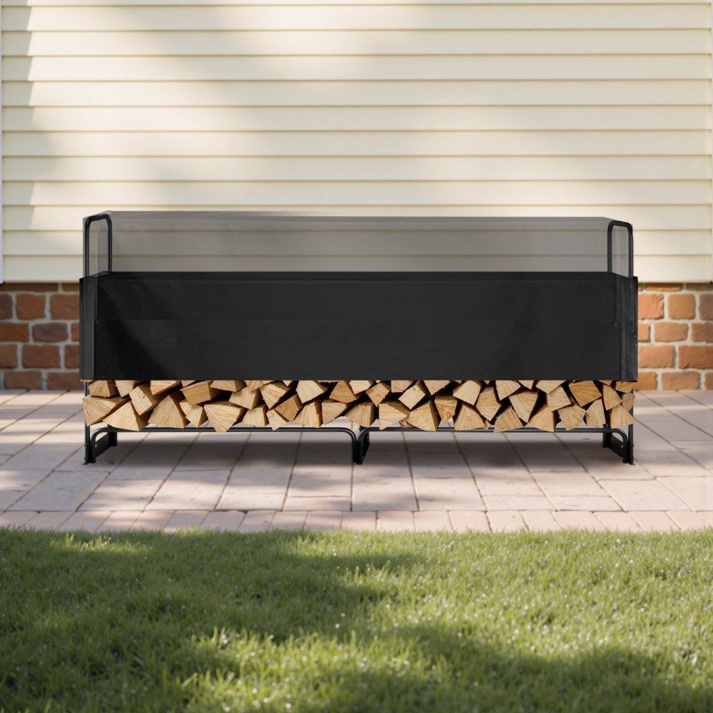 VEVOR Firewood Rack with Waterproof Cover, 101 x 14 x 46 in Outdoor Firewood Holder, 660lb Weight Capacity, 1/2 Cord Log Holder, Half-Covered, Powder-coated Wood Storage Rack for Fireplace Deck