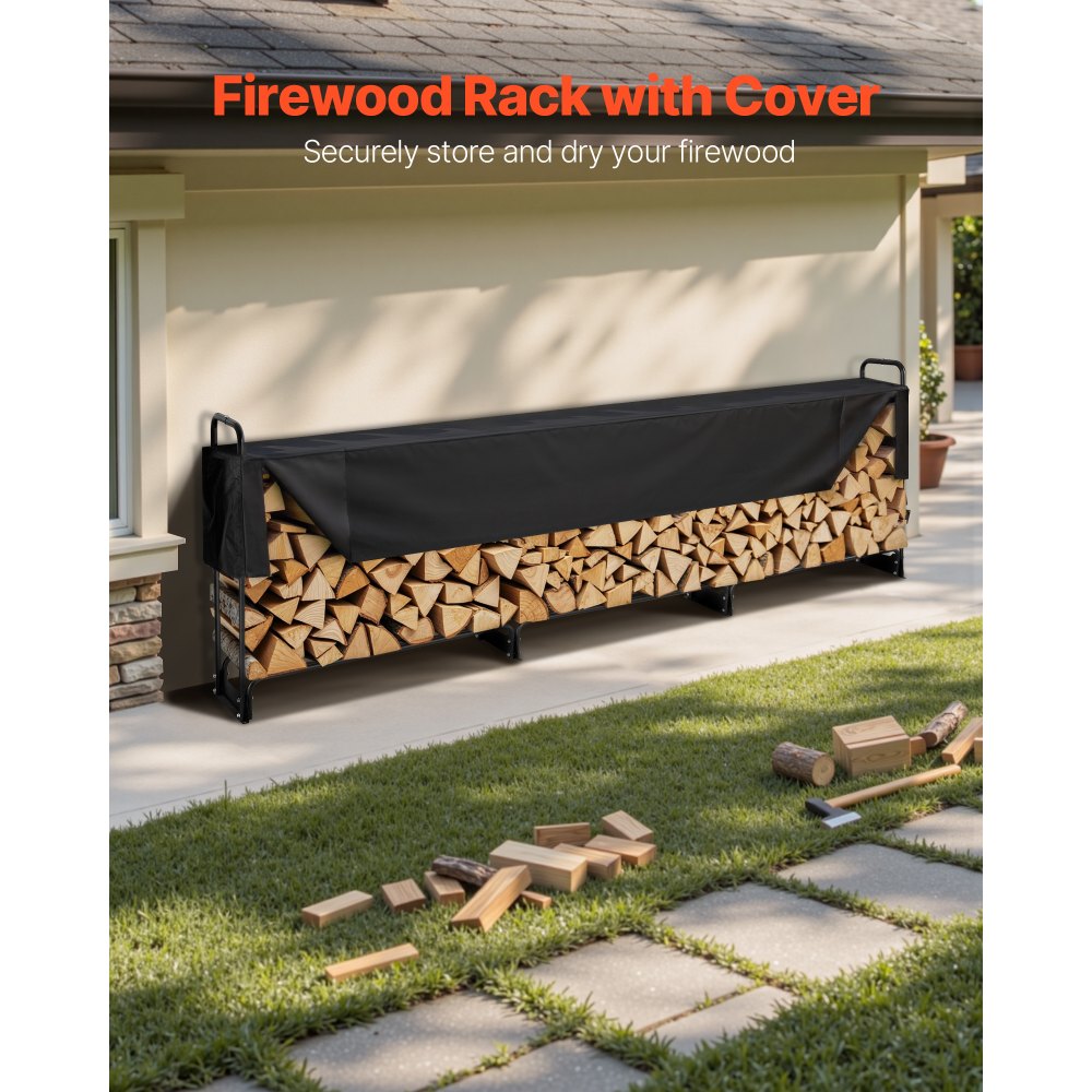 VEVOR Firewood Rack with Waterproof Cover, 150 x 14 x 46 in Outdoor Firewood Holder, 660lb Weight Capacity, 1/2 Cord Log Holder, Half-Covered, Powder-coated Wood Storage Rack for Fireplace Deck