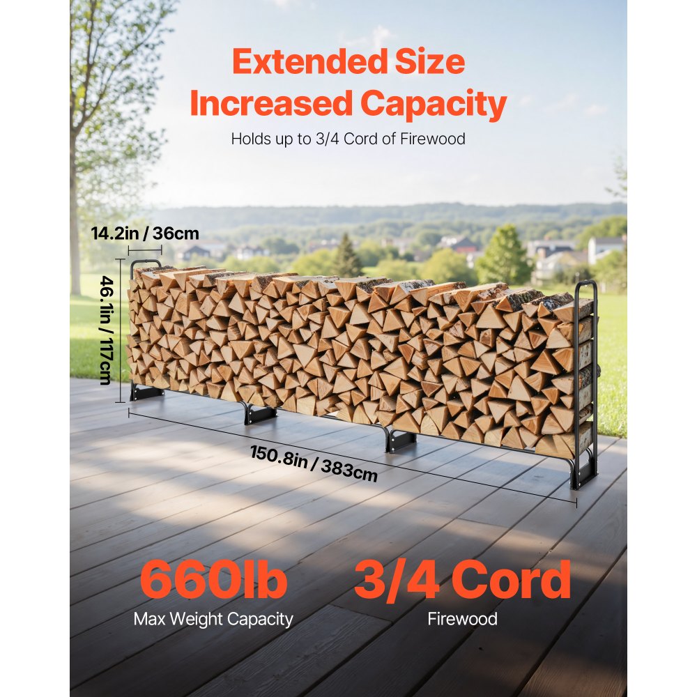 VEVOR Firewood Rack with Waterproof Cover, 150 x 14 x 46 in Outdoor Firewood Holder, 660lb Weight Capacity, 1/2 Cord Log Holder, Half-Covered, Powder-coated Wood Storage Rack for Fireplace Deck