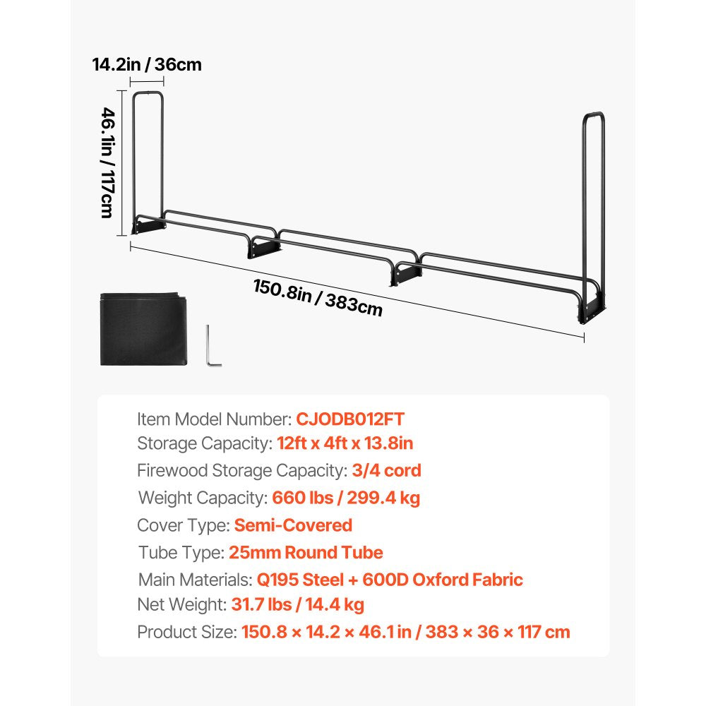 VEVOR Firewood Rack with Waterproof Cover, 150 x 14 x 46 in Outdoor Firewood Holder, 660lb Weight Capacity, 1/2 Cord Log Holder, Half-Covered, Powder-coated Wood Storage Rack for Fireplace Deck