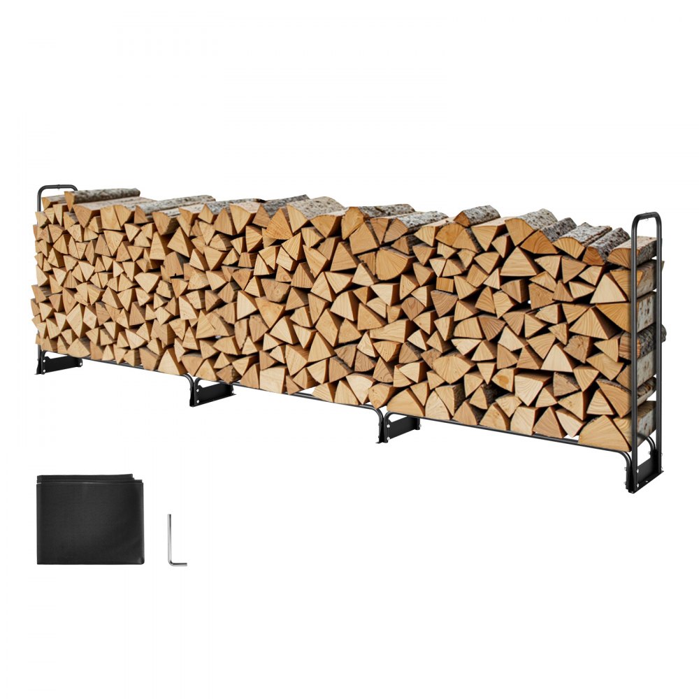 VEVOR Firewood Rack with Waterproof Cover, 150 x 14 x 46 in Outdoor Firewood Holder, 660lb Weight Capacity, 1/2 Cord Log Holder, Half-Covered, Powder-coated Wood Storage Rack for Fireplace Deck
