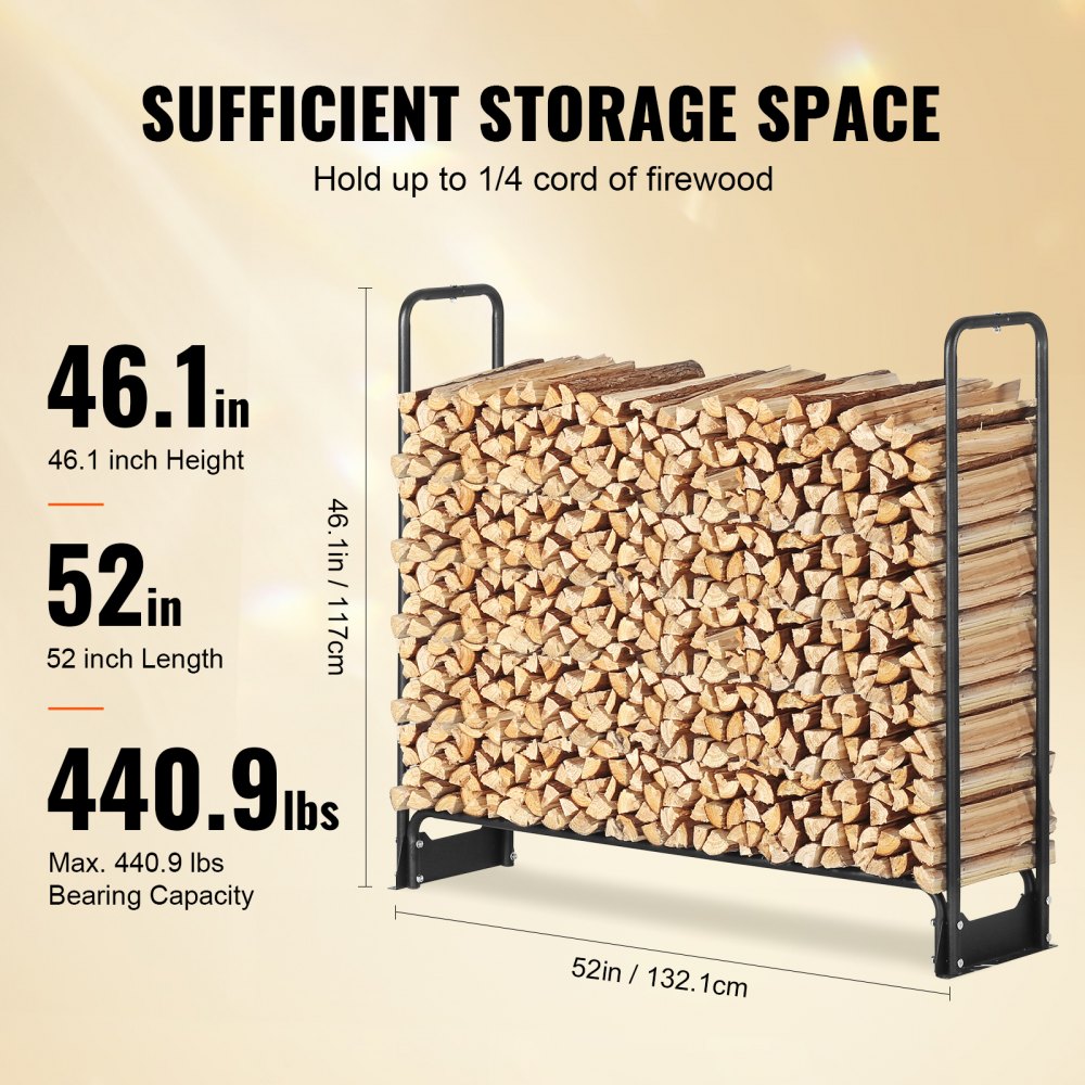 VEVOR 4.3FT Outdoor Firewood Rack with Cover, 52x14.2x46.1 in, Heavy Duty Firewood Holder & 600D Oxford Waterproof Cover for Fireplace, Patio, Indoor/Outdoor Log Storage Rack for 1/4 Cord of Firewood