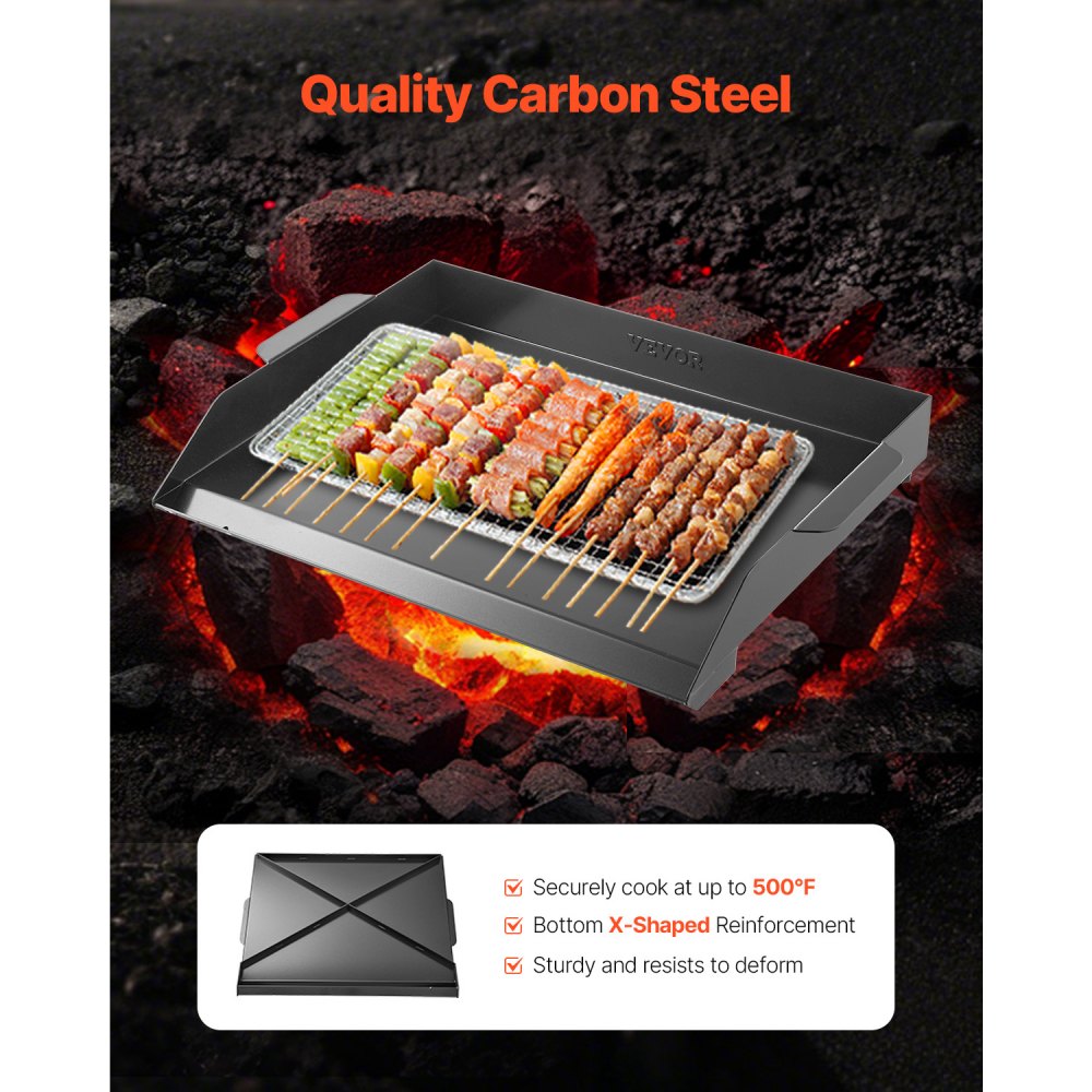 VEVOR Carbon Steel Griddle, 20x16 inch Universal Flat Top Rectangular Plate, Gas Grill Griddle for BBQ Grill, Teppanyaki, Portable Family Cookware, for Camping Tailgating Party, Black