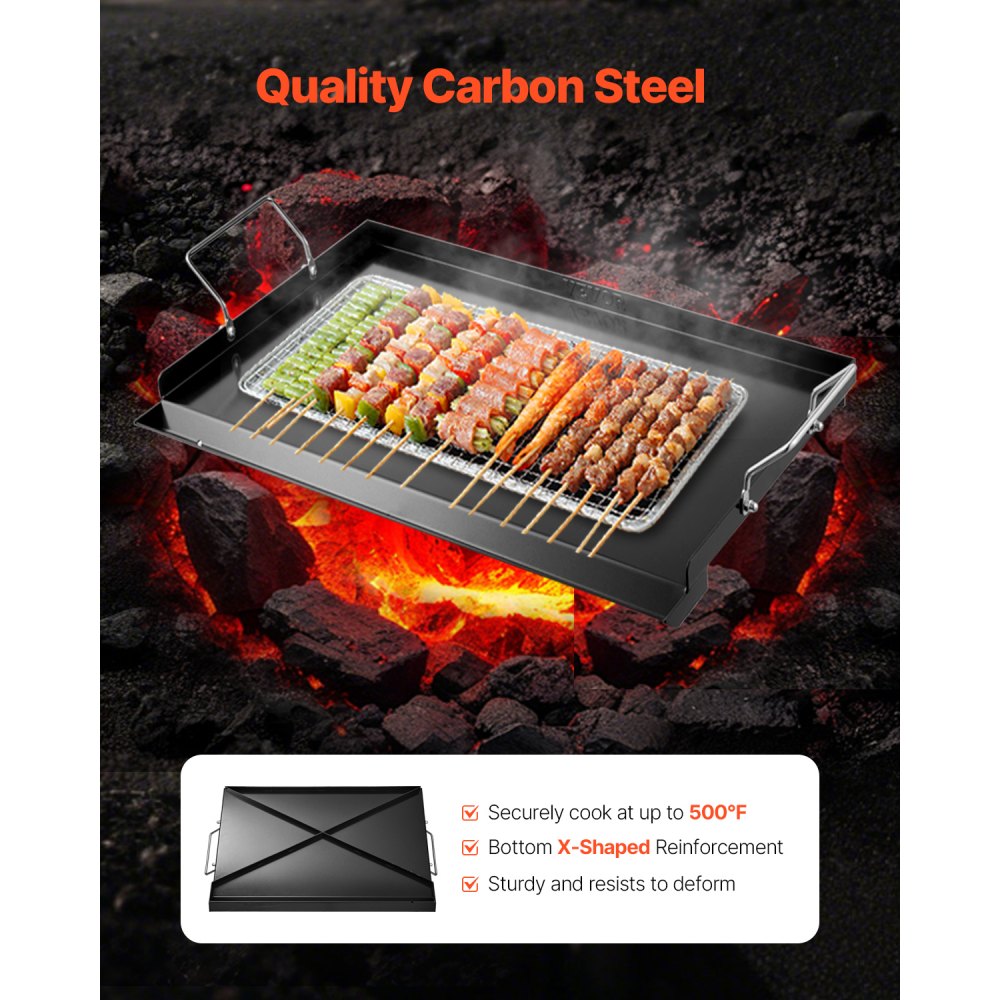 VEVOR Carbon Steel Griddle, 24x16 inch Universal Flat Top Rectangular Plate, Gas Grill Griddle for BBQ Grill, Teppanyaki, Portable Family Cookware with Handle, for Camping Tailgating Party