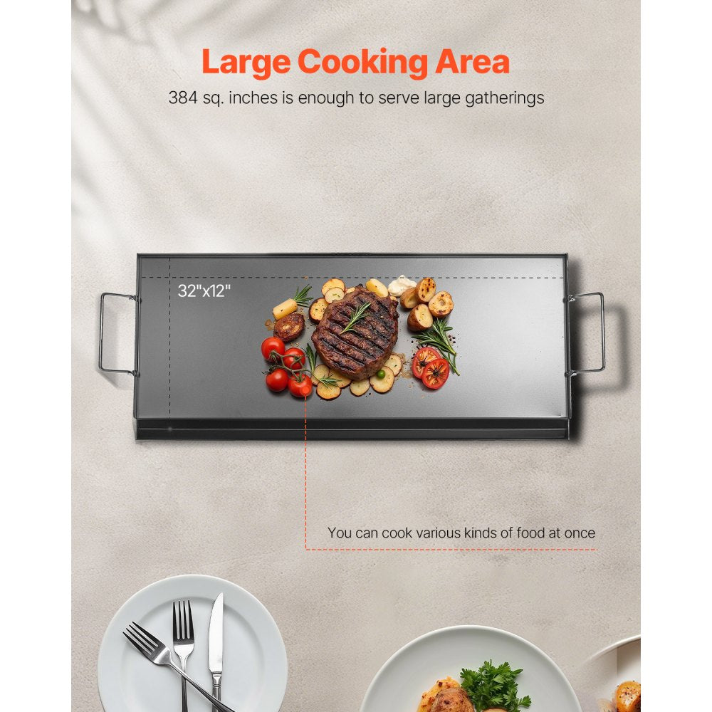 VEVOR Carbon Steel Griddle, 32x14 inch Universal Flat Top Rectangular Plate, Gas Grill Griddle for BBQ Grill, Teppanyaki, Portable Family Cookware with Handle, for Camping Tailgating Party