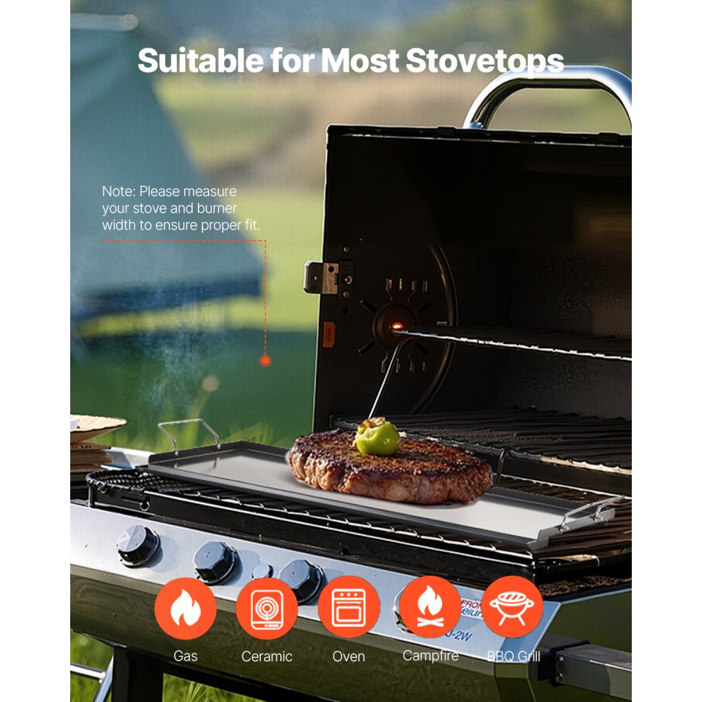 VEVOR Carbon Steel Griddle, 32x14 inch Universal Flat Top Rectangular Plate, Gas Grill Griddle for BBQ Grill, Teppanyaki, Portable Family Cookware with Handle, for Camping Tailgating Party
