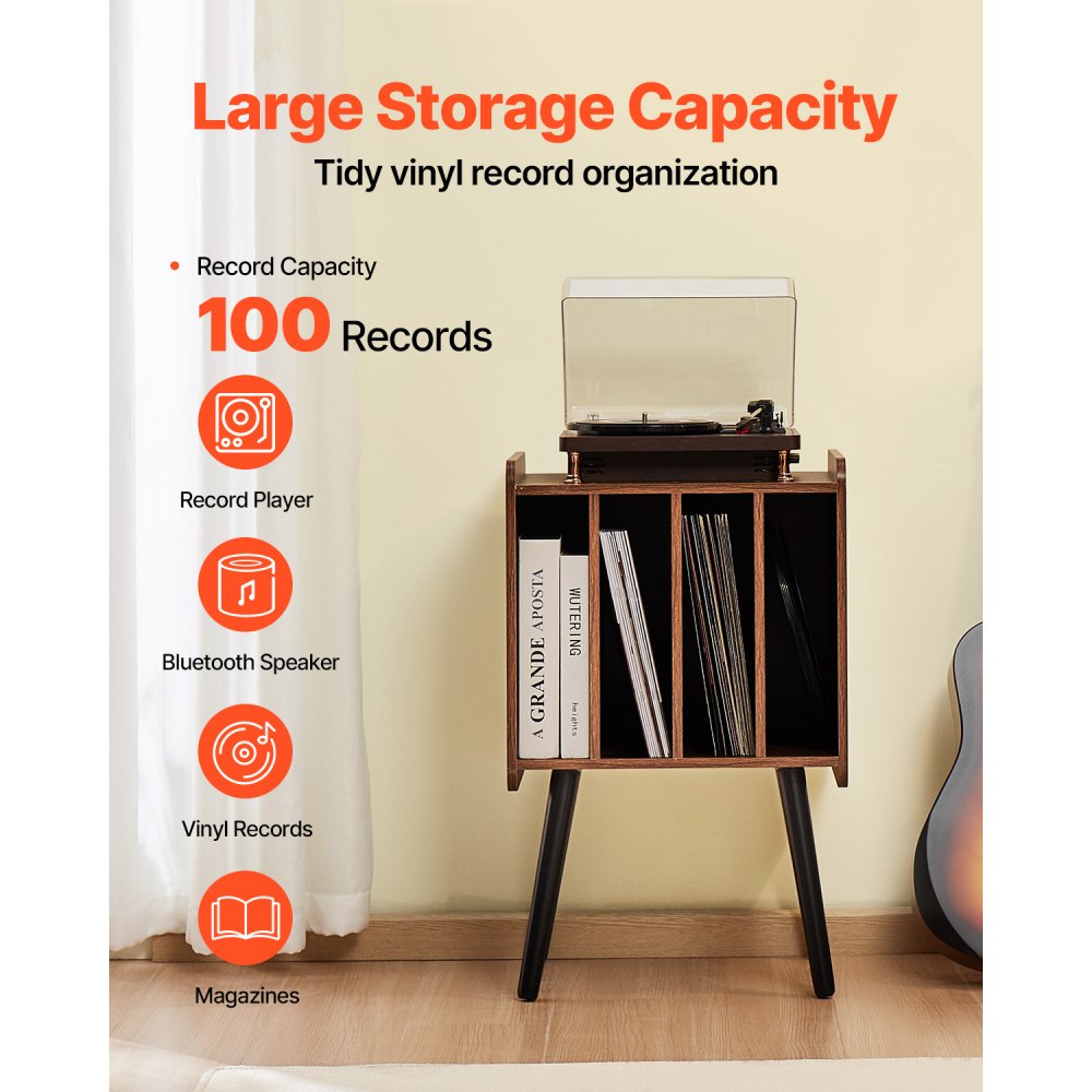 VEVOR Record Player Stand, 2 Tiers Turntable Stand with 4 Cabinets, Holds up to 100 Albums, Wooden Vinyl Record Storage Cabinet with Display Shelf for Bedroom, Living Room, Brown