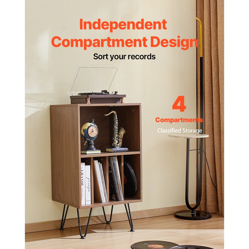 VEVOR Record Player Stand, 3 Tiers Turntable Stand with Record Storage, Vinyl Record Storage Cabinet with Metal Legs for Bedroom, Living Room, Brown