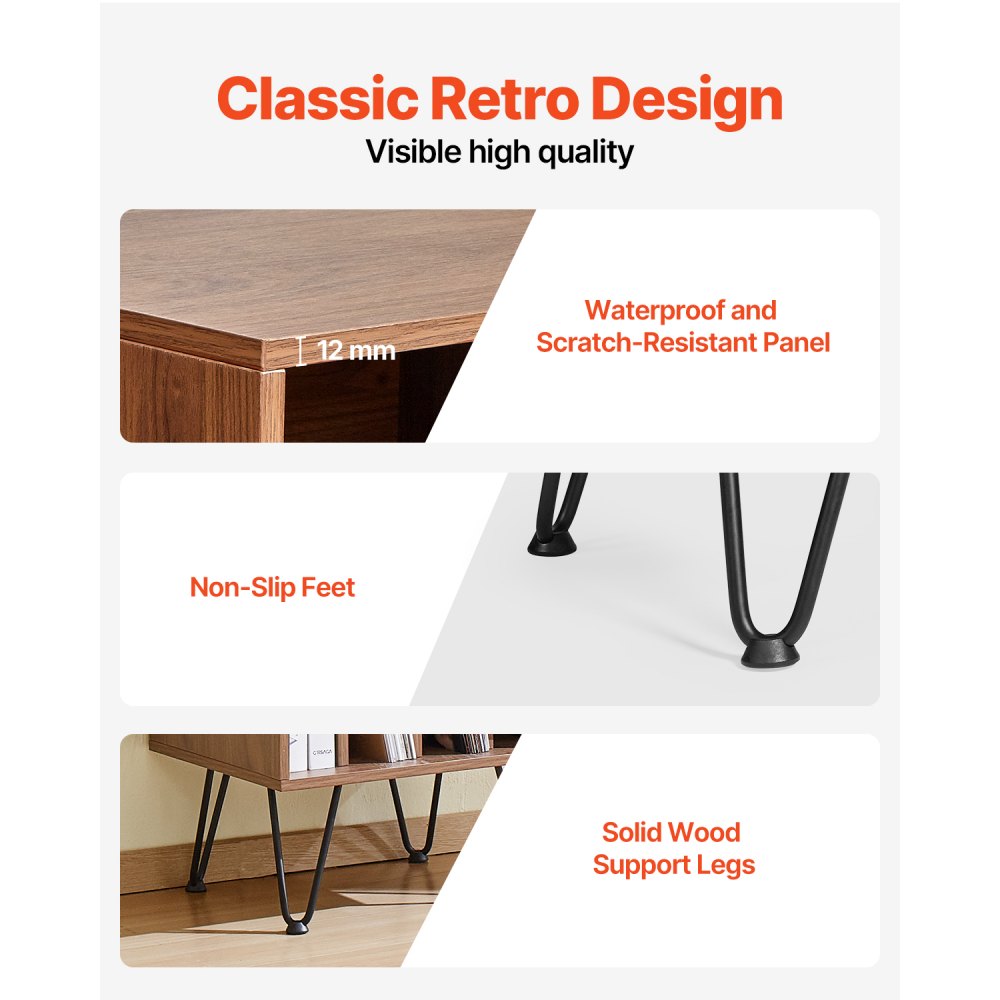 VEVOR Record Player Stand, 3 Tiers Turntable Stand with Record Storage, Vinyl Record Storage Cabinet with Metal Legs for Bedroom, Living Room, Brown