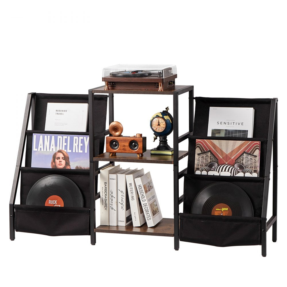 VEVOR Record Player Stand, 3 Tiers Metal Vinyl Record Stand, Turntable Stand with Record Holder Vinyl Display Shelf, Wooden Record Holder Ideal for Bedroom, Living Room, Black