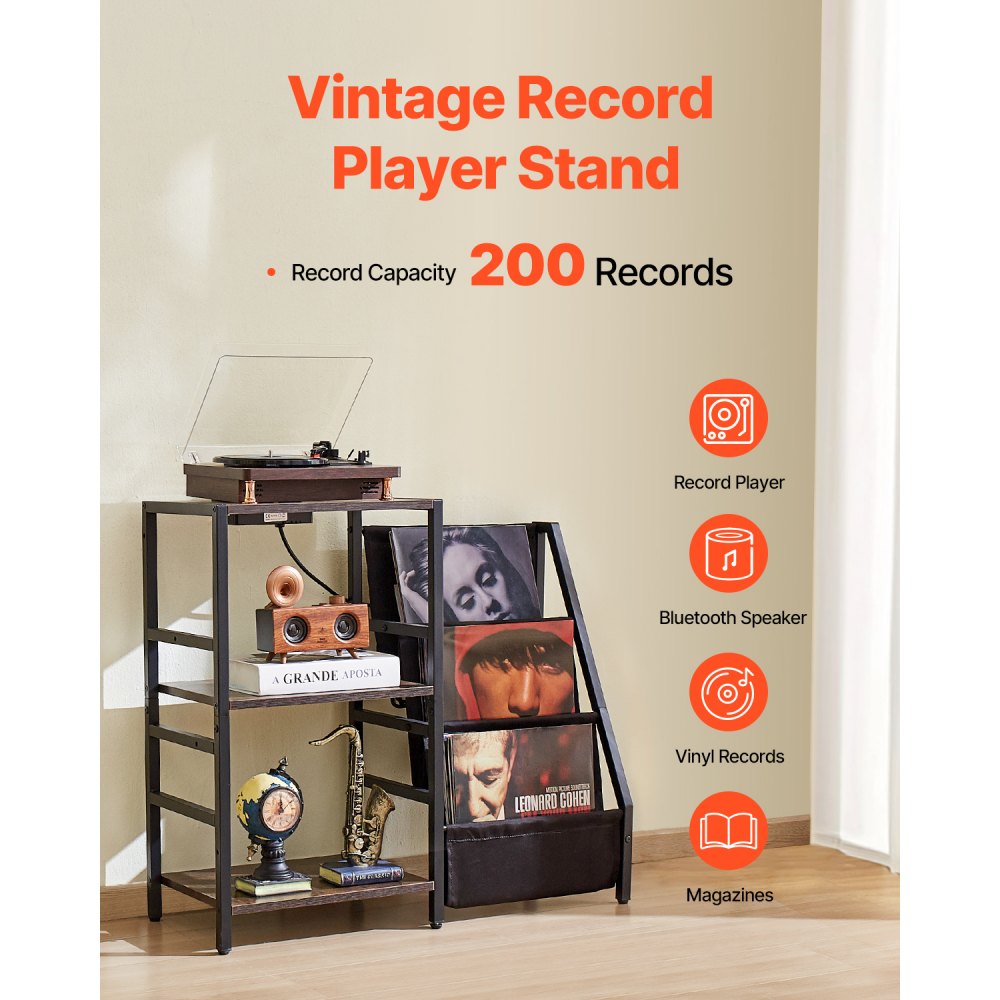 VEVOR Record Player Stand with Charging Station & USB Ports, Holds up to 200 Albums, 3-Tier Turntable Stand with Vinyl Record Storage, Record Player Table with Display Shelf for Bedroom, Living Room