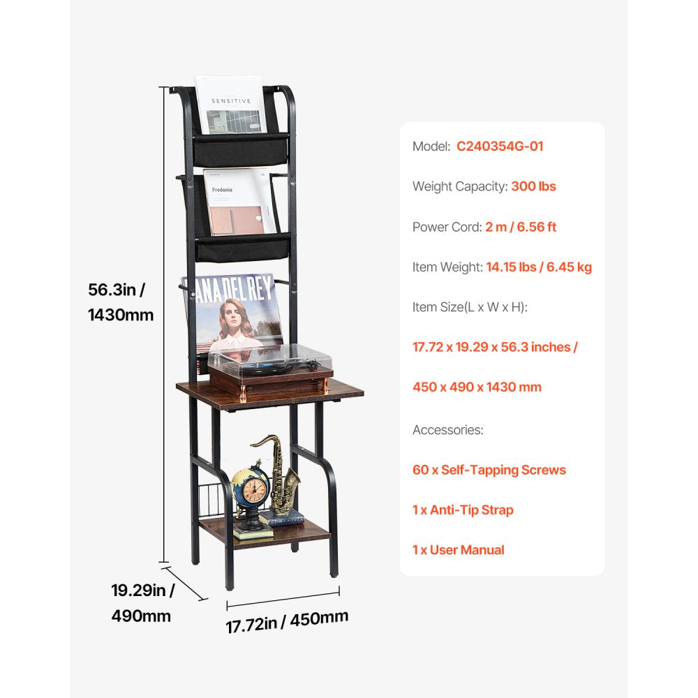 VEVOR Record Player Stand, 5 Tiers Tall Vinyl Record with Charging Station & USB Ports, Turntable Stand with Record Holder Display Shelf for Living Room, Bedroom, Black