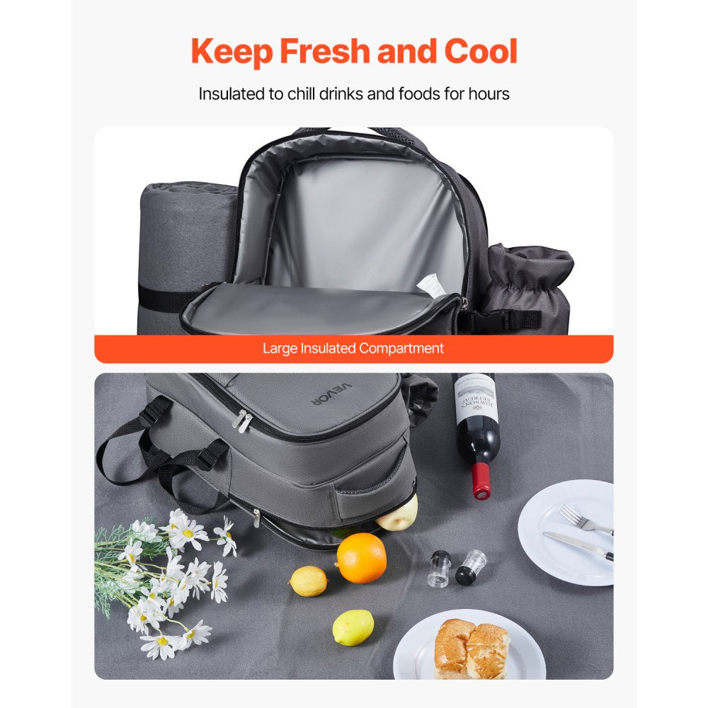 VEVOR Picnic Backpack, Beach Picnic Backpack Bag for 2 Person with Insulated Cooler Compartment, Detachable Bottle/Wine Holder, Lightweight Blanket, Plates and Cutlery Set for Hiking, Camping, Grey