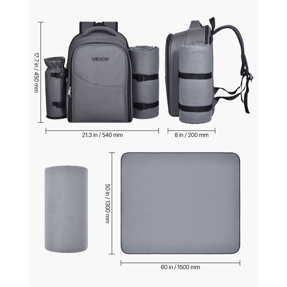 VEVOR Picnic Backpack, Beach Picnic Backpack Bag for 2 Person with Insulated Cooler Compartment, Detachable Bottle/Wine Holder, Lightweight Blanket, Plates and Cutlery Set for Hiking, Camping, Grey