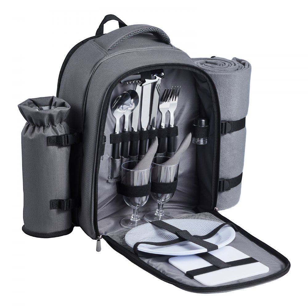 VEVOR Picnic Backpack, Beach Picnic Backpack Bag for 2 Person with Insulated Cooler Compartment, Detachable Bottle/Wine Holder, Lightweight Blanket, Plates and Cutlery Set for Hiking, Camping, Grey