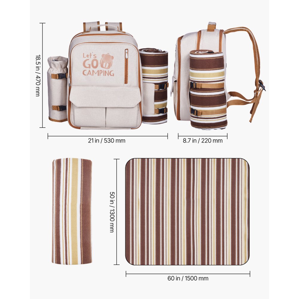 VEVOR Picnic Backpack, Beach Picnic Backpack Bag for 4 Person with Insulated Cooler Compartment, Detachable Bottle/Wine Holder, Lightweight Blanket, Plates & Cutlery Set for Outdoor, Hiking, Camping