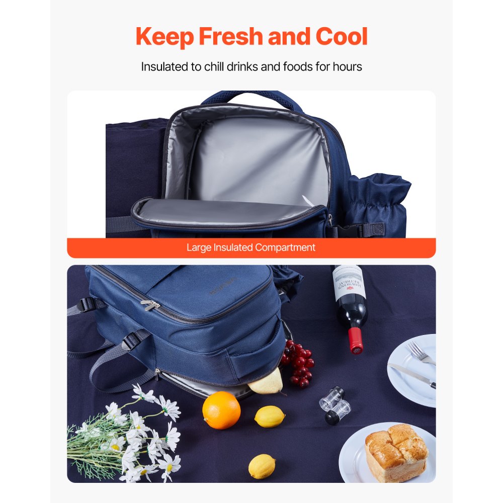 VEVOR Picnic Backpack, Beach Picnic Backpack Bag for 2 Person with Insulated Cooler Compartment, Detachable Bottle/Wine Holder, Lightweight Blanket, Plates & Cutlery Set for Hiking, Camping, Navy Blue