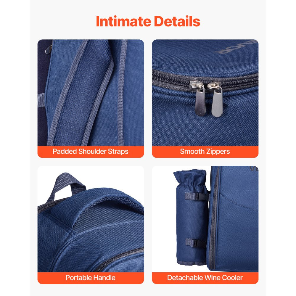 VEVOR Picnic Backpack, Beach Picnic Backpack Bag for 2 Person with Insulated Cooler Compartment, Detachable Bottle/Wine Holder, Lightweight Blanket, Plates & Cutlery Set for Hiking, Camping, Navy Blue