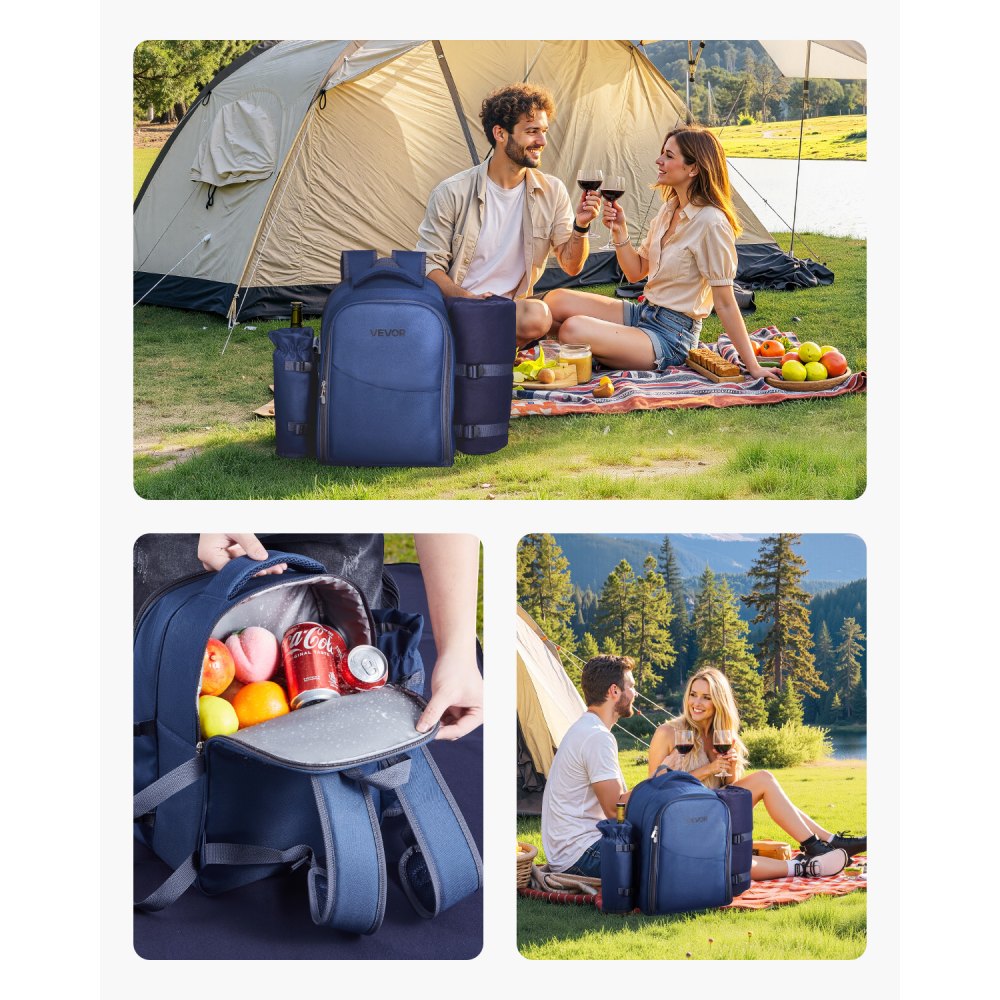 VEVOR Picnic Backpack, Beach Picnic Backpack Bag for 2 Person with Insulated Cooler Compartment, Detachable Bottle/Wine Holder, Lightweight Blanket, Plates & Cutlery Set for Hiking, Camping, Navy Blue
