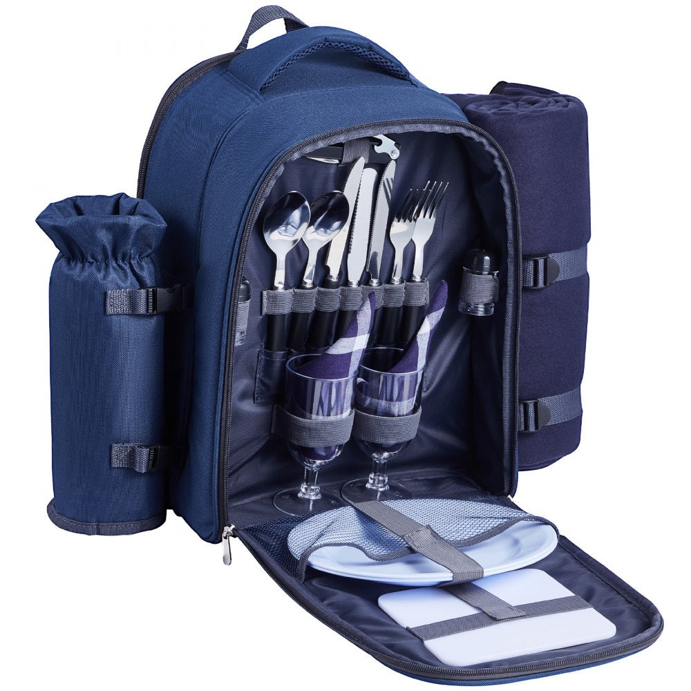 VEVOR Picnic Backpack, Beach Picnic Backpack Bag for 2 Person with Insulated Cooler Compartment, Detachable Bottle/Wine Holder, Lightweight Blanket, Plates & Cutlery Set for Hiking, Camping, Navy Blue
