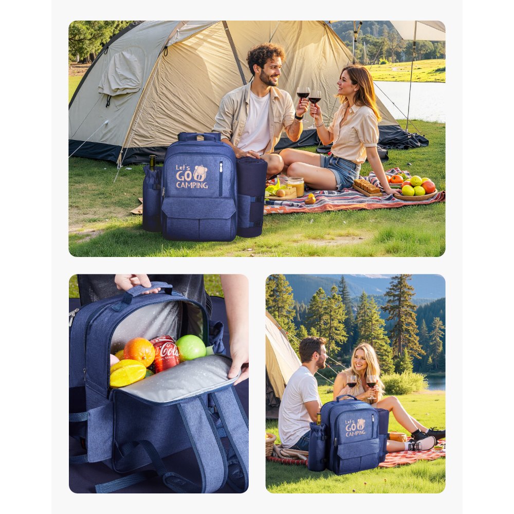 VEVOR Picnic Backpack, Beach Picnic Backpack Bag for 4 Person with Insulated Cooler Compartment, Detachable Bottle/Wine Holder, Lightweight Blanket, Plates and Cutlery Set for Outdoor, Navy Blue