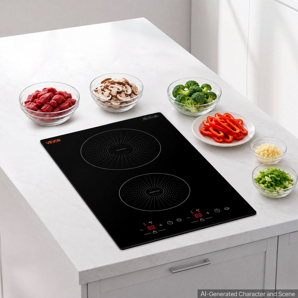 VEVOR Induction Cooktop 12in 2 Burners Built-in Electric Stove 110V 1800W, Low-Power Continuous Heating, Countertop Induction Burner, 9 Power Levels, LED Touch Screen, Ceramic Glass, and Child Lock
