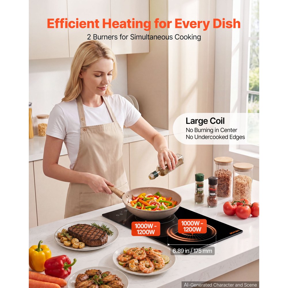 VEVOR Induction Cooktop 12in 2 Burners Built-in Electric Stove 110V 1800W, Low-Power Continuous Heating, Countertop Induction Burner, 9 Power Levels, LED Touch Screen, Ceramic Glass, and Child Lock
