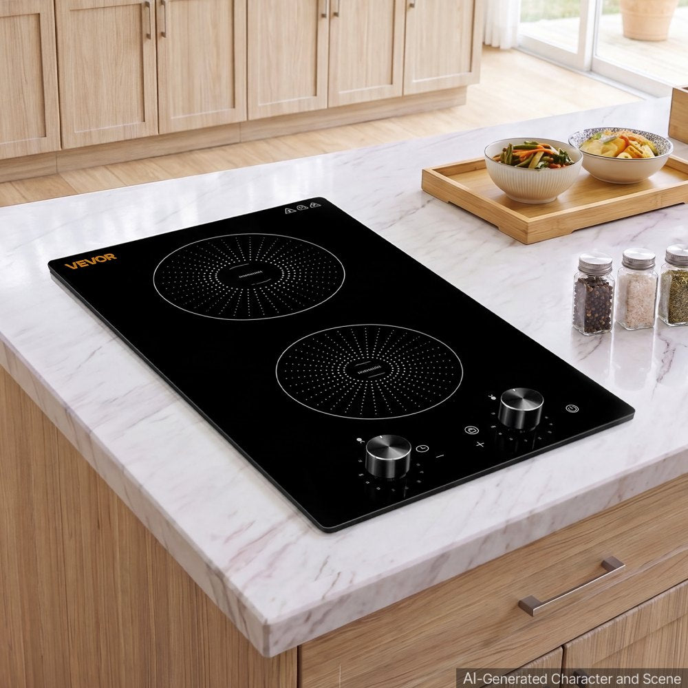 VEVOR Induction Cooktop 12in 2 Burners Built-in Electric Stove 110V 1800W, Low-Power Continuous Heating, Countertop Induction Burner, 11 Power Levels, Knob Control, Ceramic Glass, and Child Lock