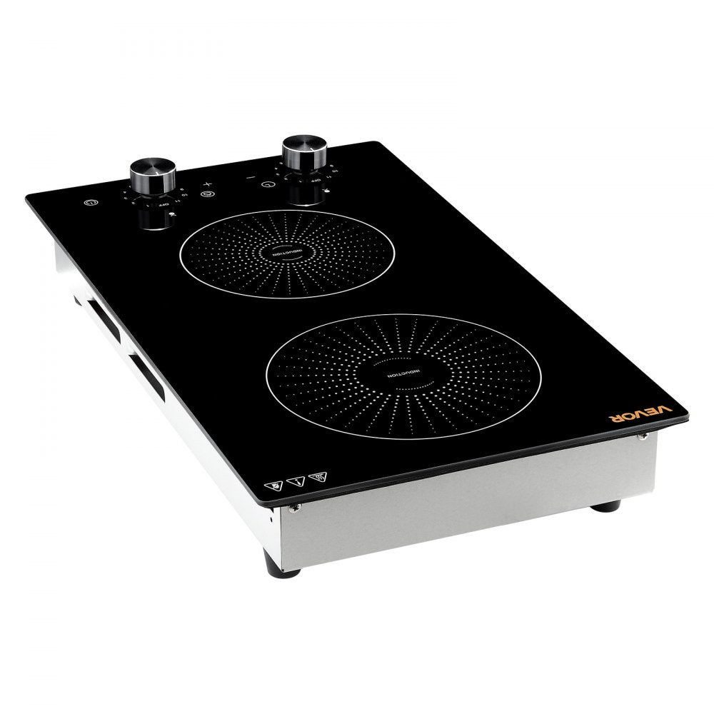 VEVOR Induction Cooktop 12in 2 Burners Built-in Electric Stove 110V 1800W, Low-Power Continuous Heating, Countertop Induction Burner, 11 Power Levels, Knob Control, Ceramic Glass, and Child Lock