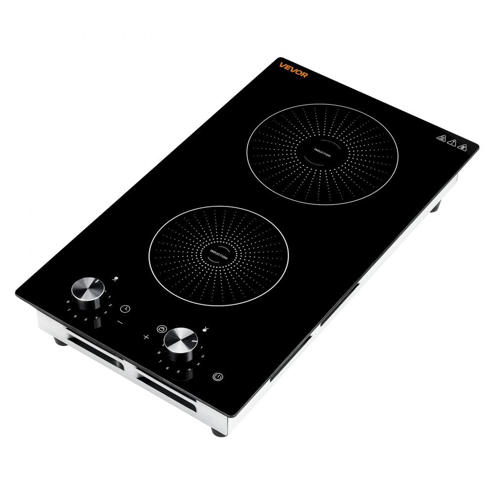 VEVOR Induction Cooktop 12in 2 Burners Built-in Electric Stove 110V 1800W, Low-Power Continuous Heating, Countertop Induction Burner, 11 Power Levels, Knob Control, Ceramic Glass, and Child Lock