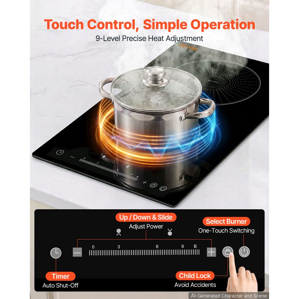 VEVOR Induction Cooktop 12in 2 Burners Built-in Electric Stove 220V 3500W, Low-Power Continuous Heating, Induction Burner for Kitchen, 9 Power Levels, LED Touch Screen, Ceramic Glass, and Child Lock