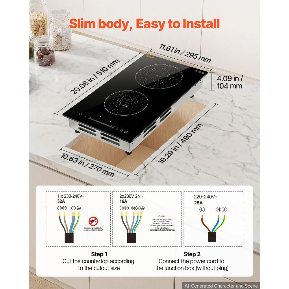 VEVOR Induction Cooktop 12in 2 Burners Built-in Electric Stove 220V 3500W, Low-Power Continuous Heating, Induction Burner for Kitchen, 9 Power Levels, LED Touch Screen, Ceramic Glass, and Child Lock