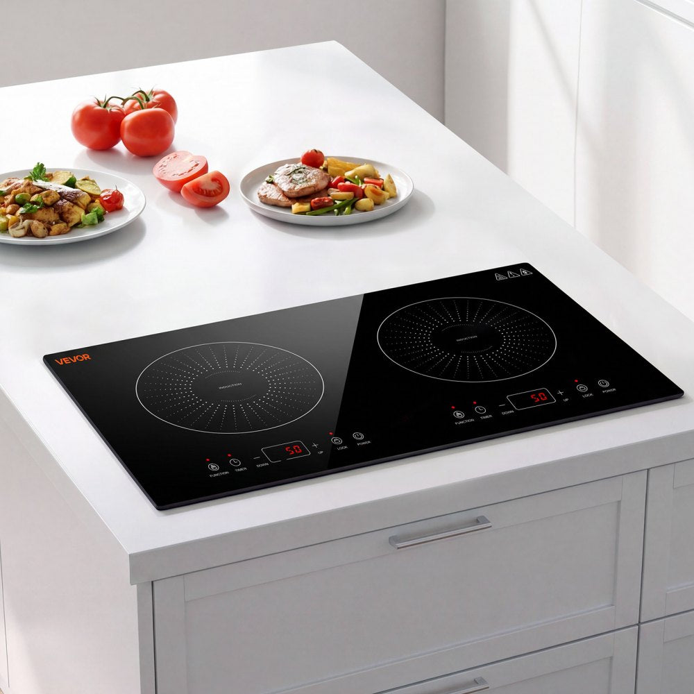 VEVOR Induction Cooktop 24in 2 Burners Built-in Electric Stove 110V 1800W, Low-Power Continuous Heating, Countertop Induction Burner, 9 Power Levels, LED Touch Screen, Ceramic Glass, and Child Lock