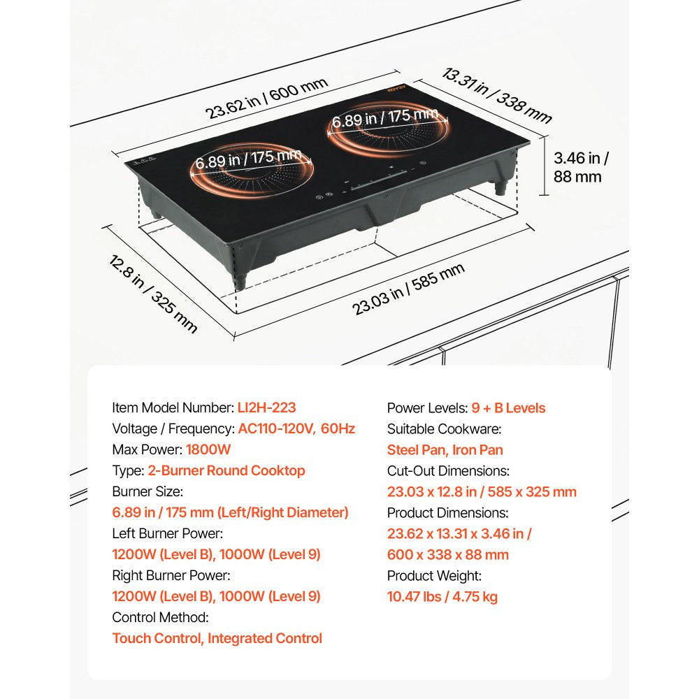 VEVOR Induction Cooktop 24inch 2 Burners Built-in Electric Stove 110V 1800W, Low-Power Continuous Heating, Induction Burner, with 9 Power Levels, LED Touch Screen, and Child Lock, for Kitchen, RV