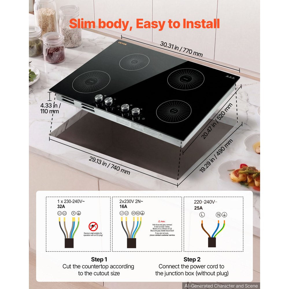 VEVOR Induction Cooktop 30inch 4 Burners Built-in Electric Stove 220V 7200W, Low-Power Continuous Heating, Induction Burner for Kitchen, with 11 Power Levels, Knob Control, and Child Lock