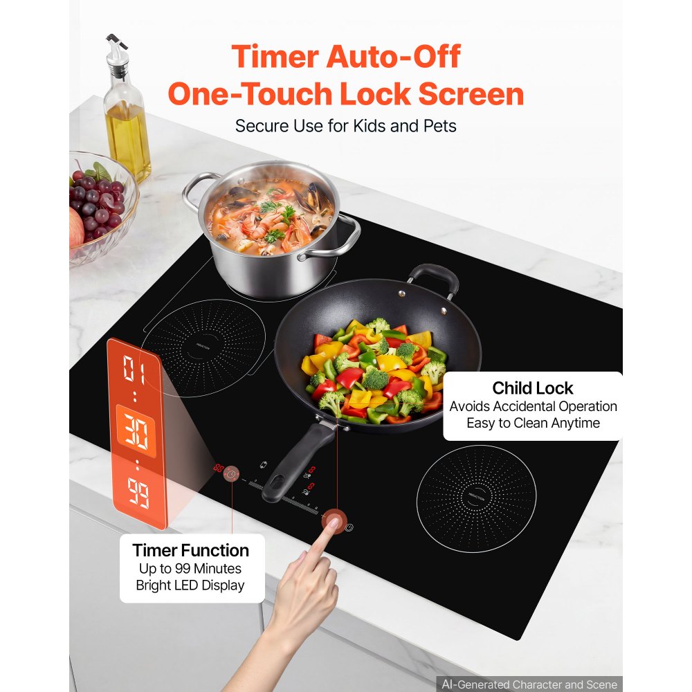 VEVOR Induction Cooktop 30inch 4 Burners Built-in Electric Stove 220V 7500W, Low-Power Continuous Heating, Induction Burner for Kitchen, with 9 Power Levels, LED Touch Screen, and Child Lock